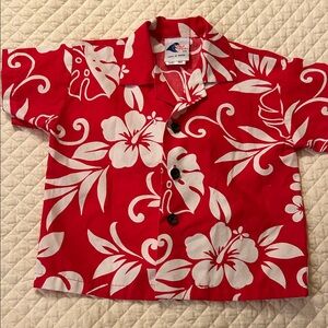 Kids Red & White Hawaiian Floral Button-Up Shirt. Made in Hawaii